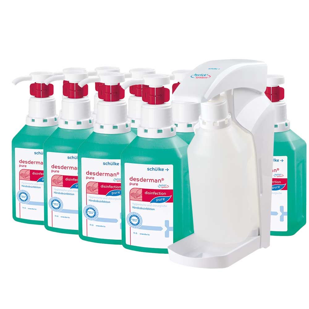 Schülke desderman® hyclick Vario-Spender Set: 10x1.000-ml Flaschen, grüne Kanister mit roten Pumpen