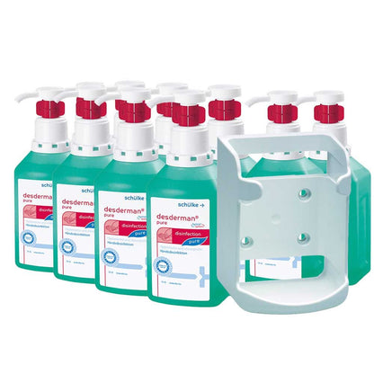 Schülke Set mit 10×1000 ml desderman® und hyclick® sowie Wandhalterung