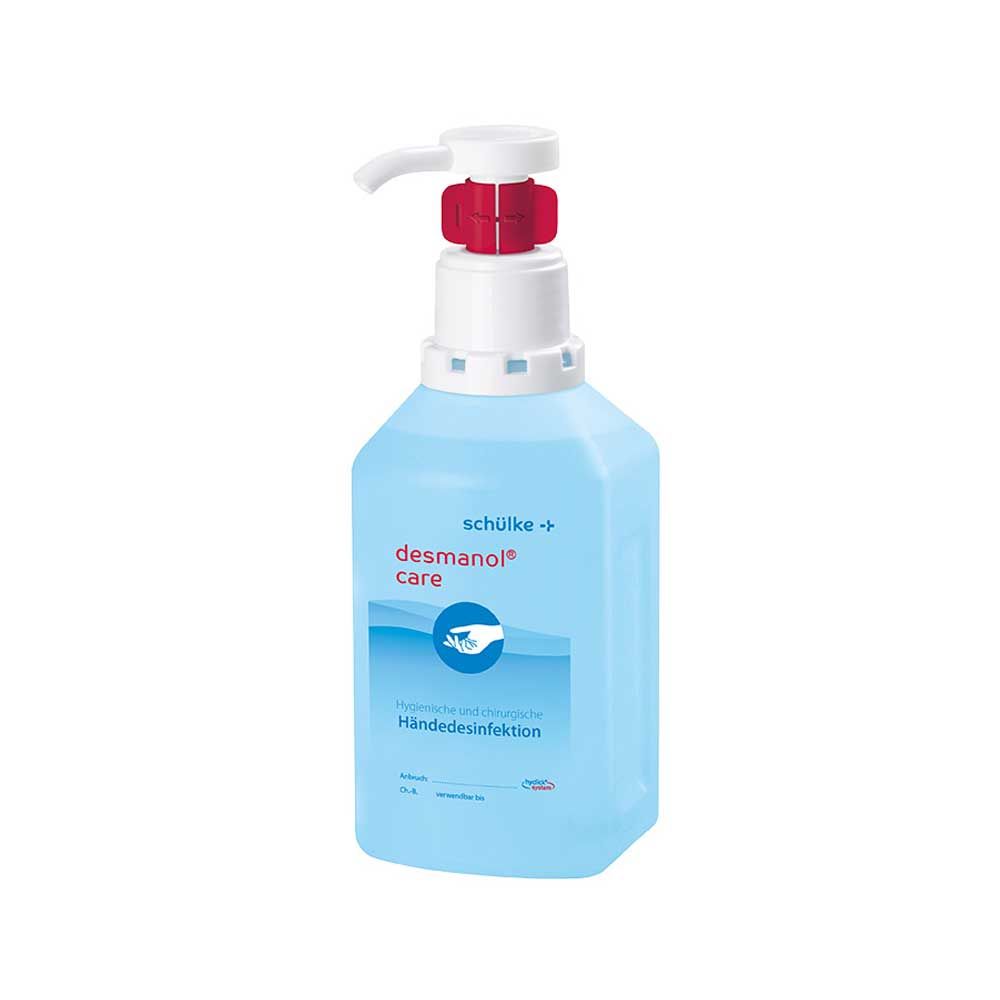 Händedesinfektion desmanol® care, Hyclick, Pumpspenderflasche mit rotem Verschluss, blau
