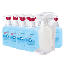 Schülke desmanol® care Hyclick Set mit Variospender: 10 blaue Flaschen mit rotem Deckel