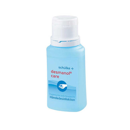 Händedesinfektion desmanol® care in blauer Flasche mit weißem Verschluss