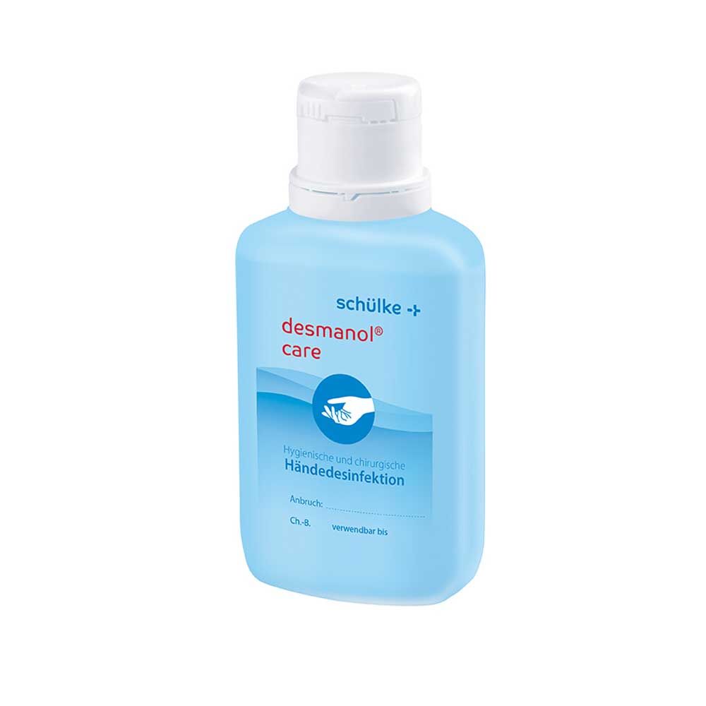Händedesinfektion desmanol® care in blauer Flasche mit weißem Verschluss und Logo