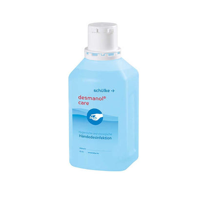 Händedesinfektion desmanol® care in blauem Flakon mit weißem Pumpkopf
