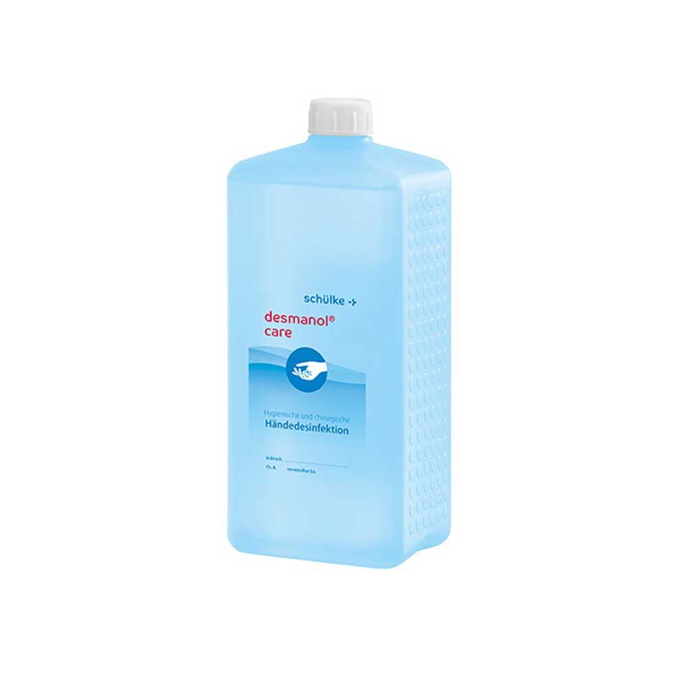 Händedesinfektion desmanol® care in blauer Flasche, Rückseite mit Bedruckung