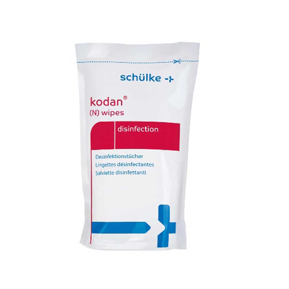 Desinfektionstücher-Nachfüllbeutel mit blauen Logos und rotem Verwendungsfeld