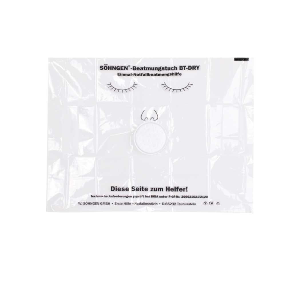Einmal-Beatmungstuch BT-DRY mit Ventil und Atemfilter in Folienverpackung