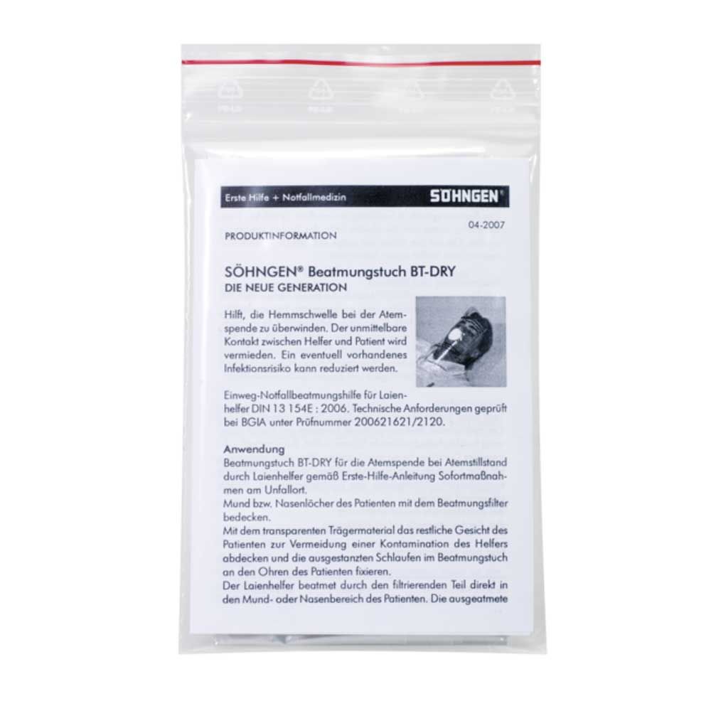 Einmal-Beatmungstuch BT-DRY Rückseite mit Produktinformationen auf Folienbeutel