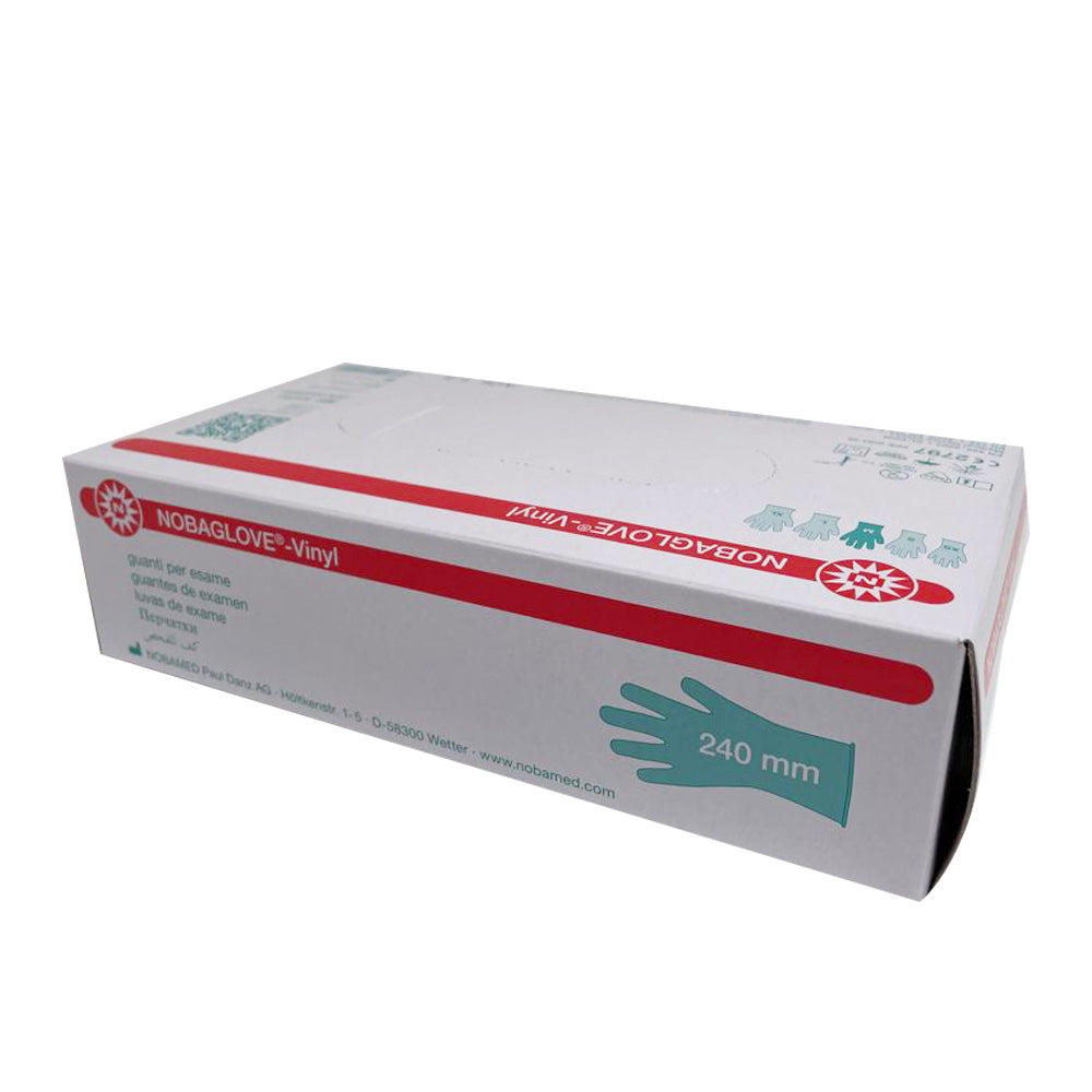NOBAGLOVE®-Vinyl Untersuchungshandschuhe Packung mit rotem Siegelstreifen und 240 mm