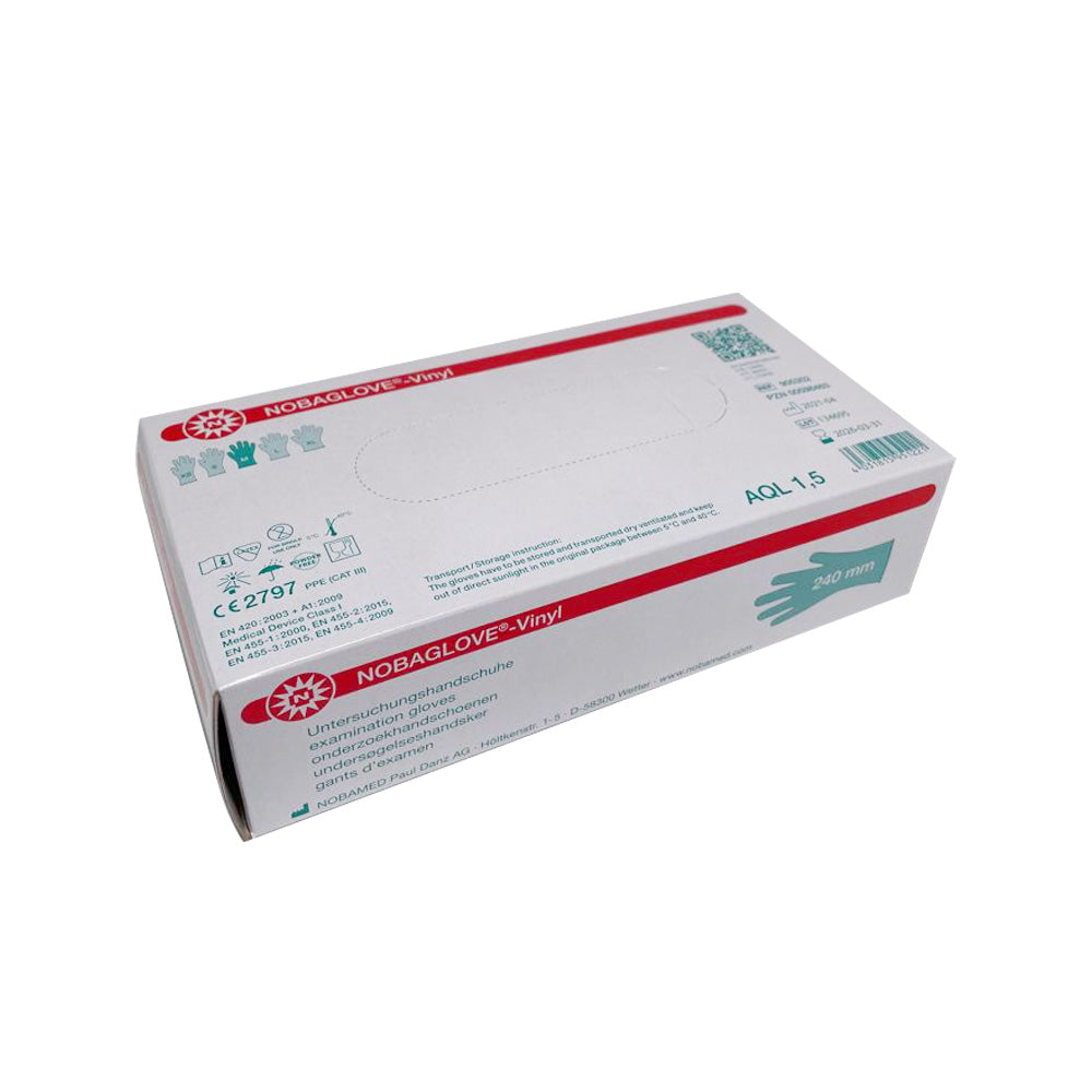 NOBAGLOVE®-Vinyl Untersuchungshandschuhe Packung, Rückseite mit Größen- und Normangaben