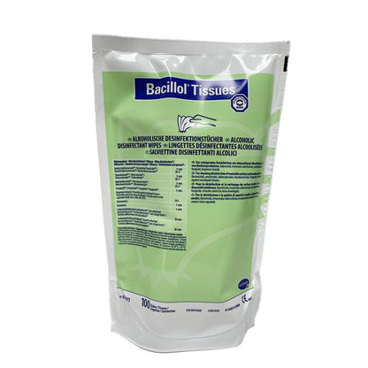 Bacillol Tissues Desinfektionstücher Nachfüllpack, Vorderseite in Grün mit Logo