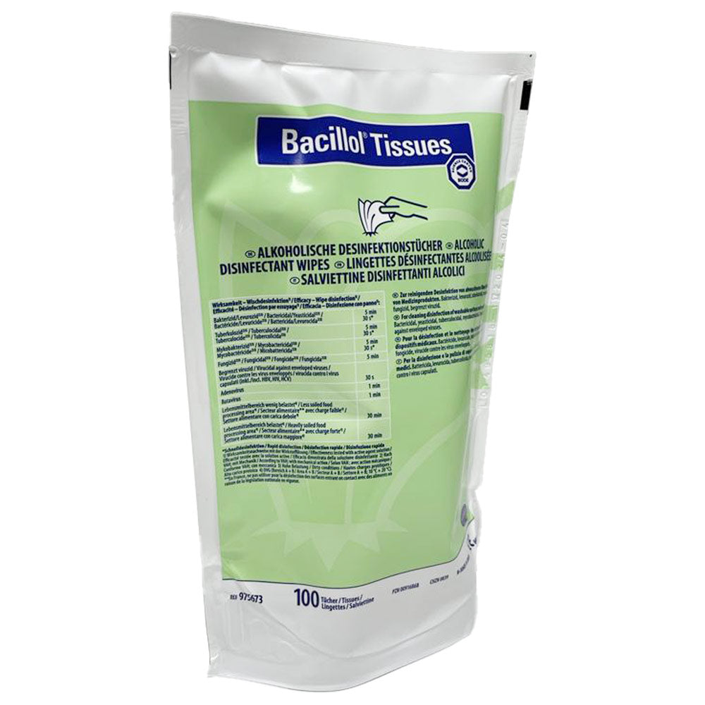 Bacillol Tissues Desinfektionstücher Nachfüllpack, Vorderseite mit Tabelle und Logo