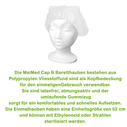 MaiMed Cap B Einweg-Baretthaube, weiß, mit geraffter Krempe und Gummizug