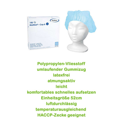 MaiMed Cap B Einweg-Baretthauben, lichtblau; Haube auf Mannequin neben Packung