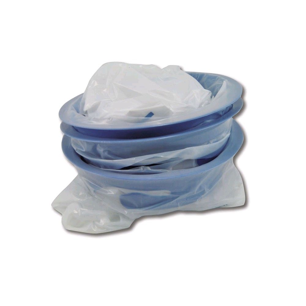 Spuckbeutel-Stapel mit transparentem Beutel und blauem Einfüllrand.