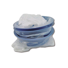 Spuckbeutel-Stapel mit transparentem Beutel und blauem Einfüllrand.