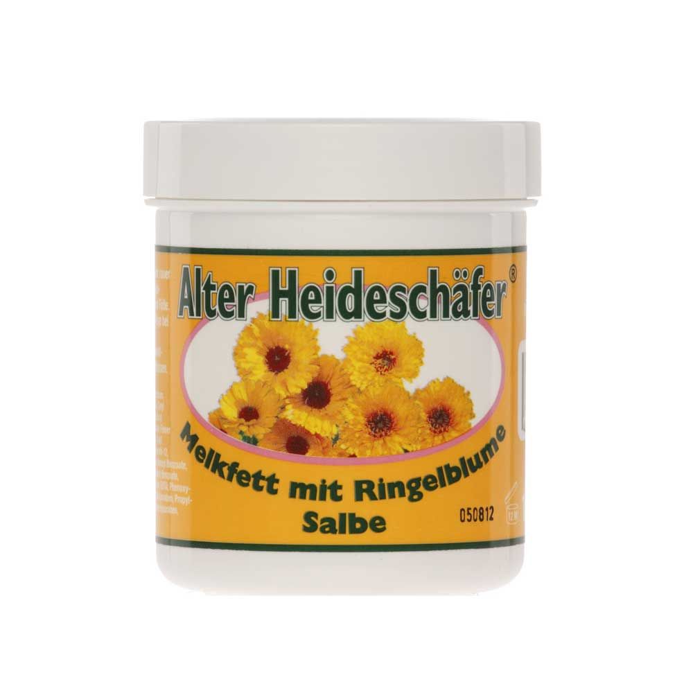 Alter Heideschäfer® Melkfett-Ringelblume-Salbe in Glasdose mit weißem Deckel