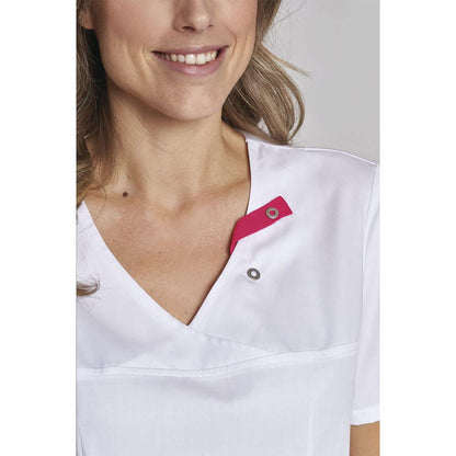 Schlupfkasack Damen in Weiß: V-Ausschnitt mit farbigem Taschen-Detail