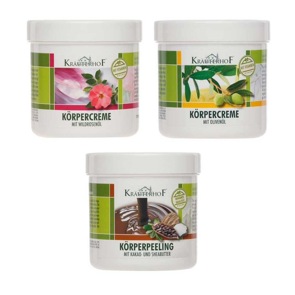 Asam Kräuterhof® Körperpflege-Set: drei Dosen (Körpercreme & Körperpeeling)