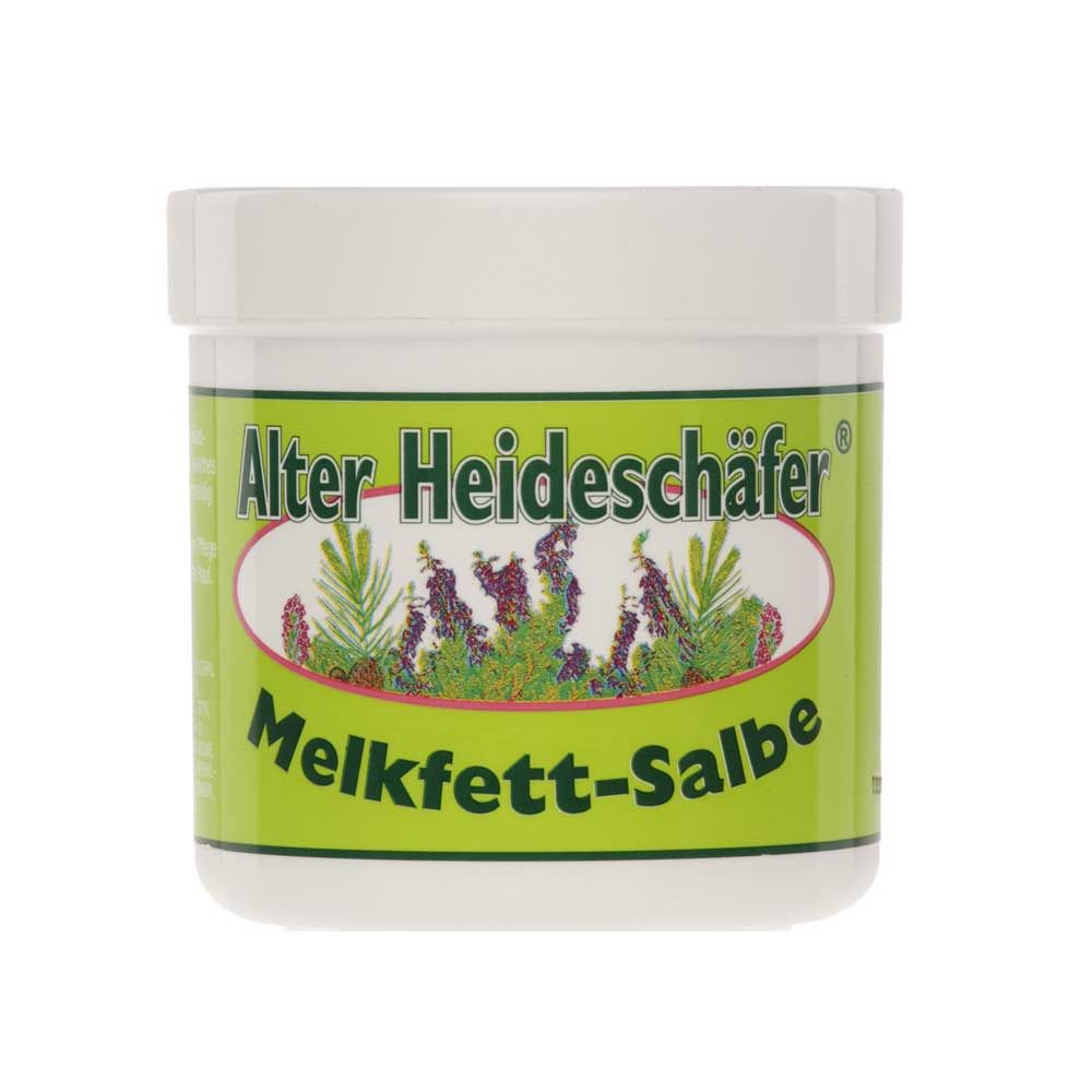 Hautschutz-Melkfett-Salbe im Tiegel mit weißem Deckel, grünem Etikett und Schriftzug