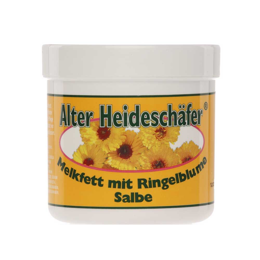 Glasdose mit Alter Heideschäfer® Ringelblume-Salbe, gelb-weißes Etikett