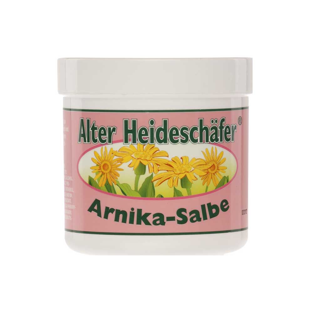 Alter Heideschäfer® Arnika-Salbe im weißen Kunststoffglas mit Deckel, pinkes Etikett vorne