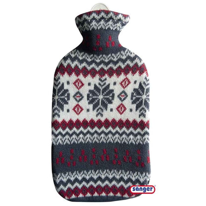 Gummi-Wärmflasche mit Strickbezug, dunkelgrau-weißes Norwegermuster