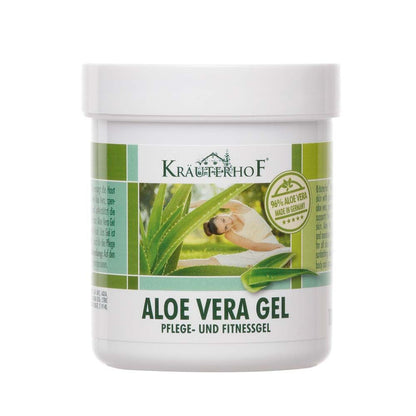Aloe-Vera-Pflegegel im weißen Tiegel mit Schraubdeckel, Etikett „Aloe Vera Gel“