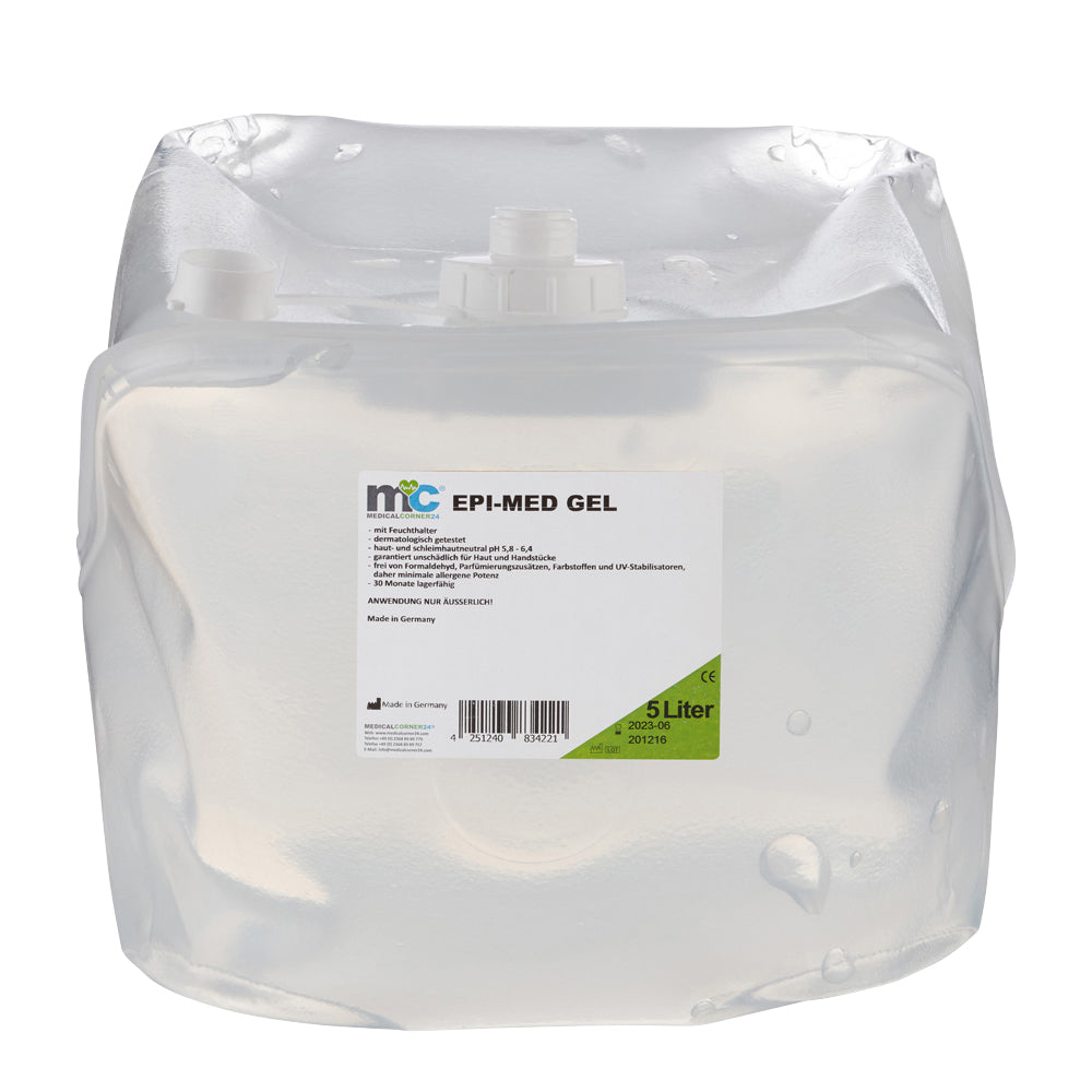 EPI-MED IPL-Kontaktgel im 5-Liter-Beutel, frontal mit Verschluss und Etikett