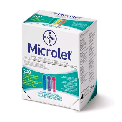 Bayer MICROLET Lanzettenbox mit 200 farbigen, silikonbeschichteten Lanzetten
