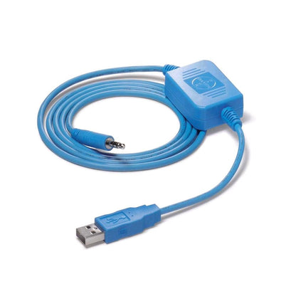 Blaues USB-Kabel mit USB-Stecker und Messgeräte-Kontakt, Bayer