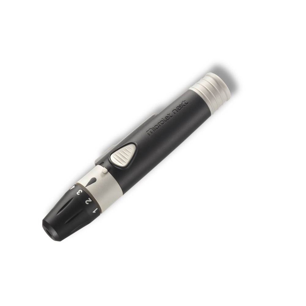 Bayer Microlet® Next Stechhilfe im Detail mit Einstellrad und Lanzettenauslass