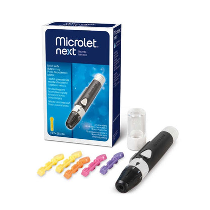 Bayer Microlet® Next Stechhilfe-Set mit Verpackung, Stechgerät und farbigen Lanzetten
