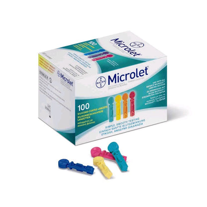 Bayer MICROLET Lanzettenbox mit 100 farbigen, silikonbeschichteten Lanzetten und 3 Stk.