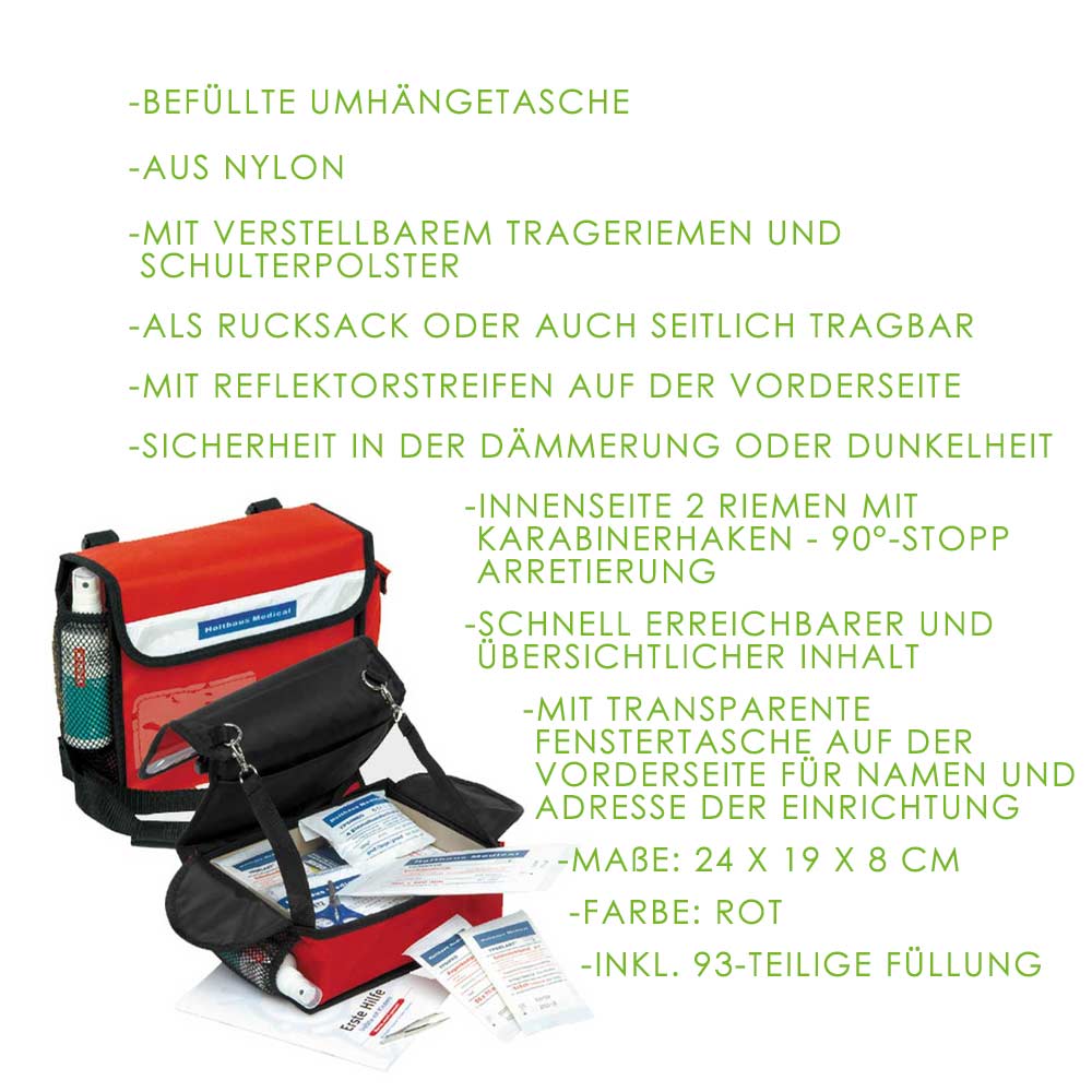 Rote Erste-Hilfe-Umhängetasche aus Nylon mit verstellbaren Trägern und Reflektoren