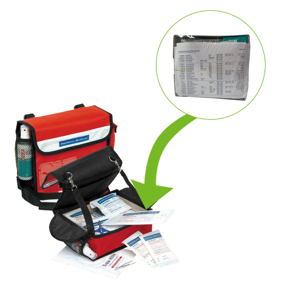 Erste-Hilfe-Tasche mit Inhaltsübersicht und Detailansicht der Verpackung