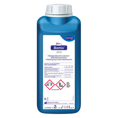 Instrumentendesinfektionsmittel Bomix plus – blaue Flasche mit Etikett und Dosierhinweisen