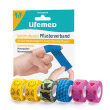 Lifemed® selbsthaftender Pflasterverband, Rollen im Set: blau, gelb, schwarz, pink