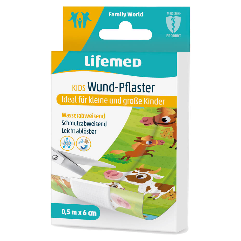 Kinder-Wundpflaster 0,5 m x 6 cm, Farmtiere-Muster, verpackt