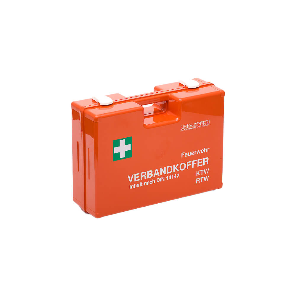 Verbandkoffer DIN14142, 40x15x30 cm, orange Kunststoffbox mit grünem Rettungszeichen