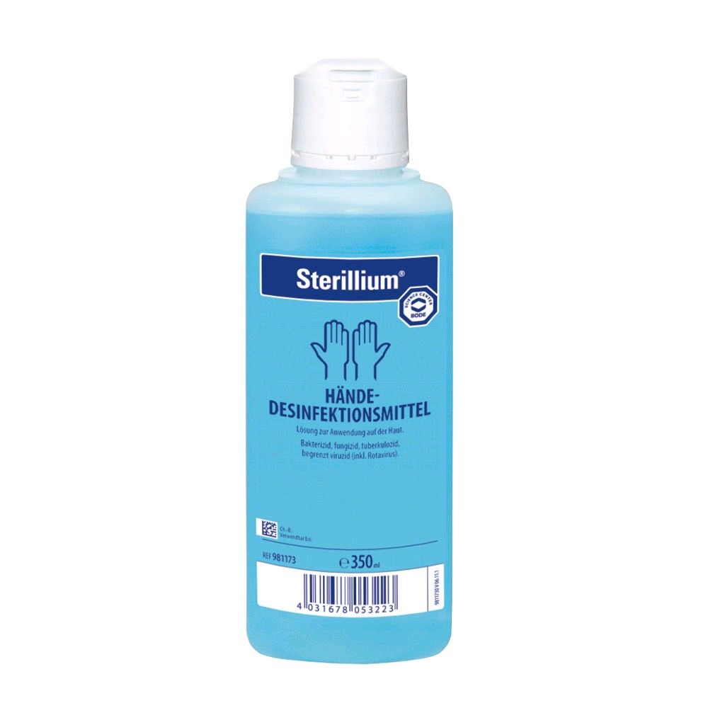 Sterillium Händedesinfektionsmittel in blauer Flasche, weißer Deckel, 350 ml