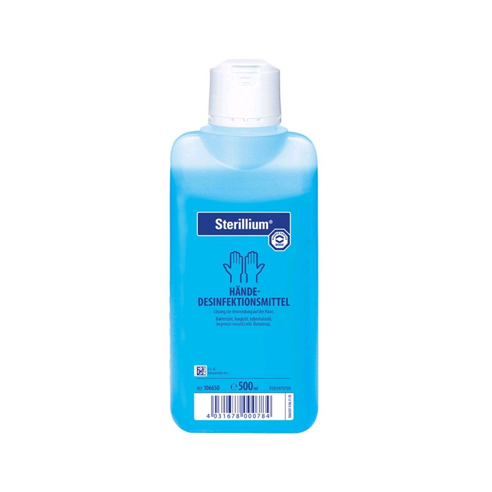 Sterillium Händedesinfektionsmittel in blauer Flasche, weißer Deckel, 500 ml