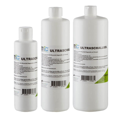 Ultraschallgel-Kontaktgel in weißer Flasche mit Schraubverschluss, drei Ansichten im Set