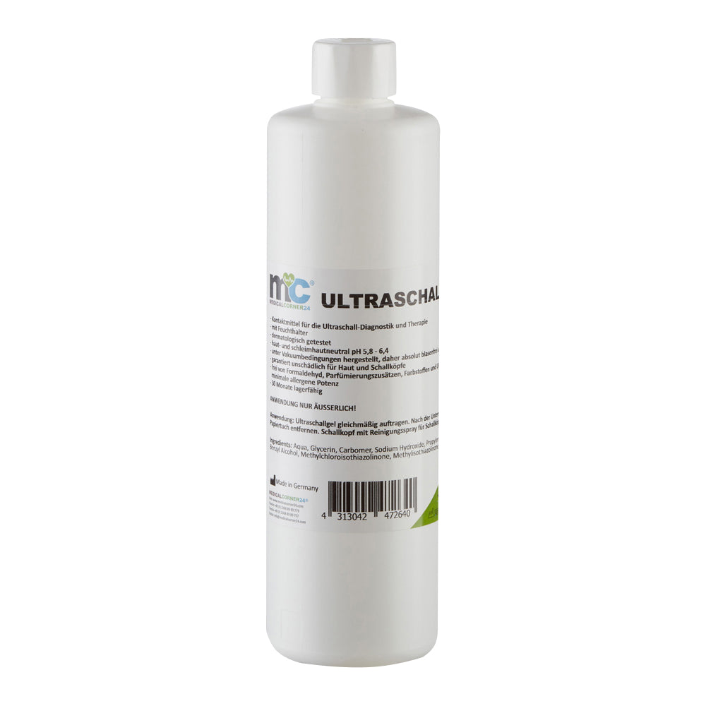 Ultraschallgel-Kontaktgel, weiße Flasche mit Etikett auf der Rückseite
