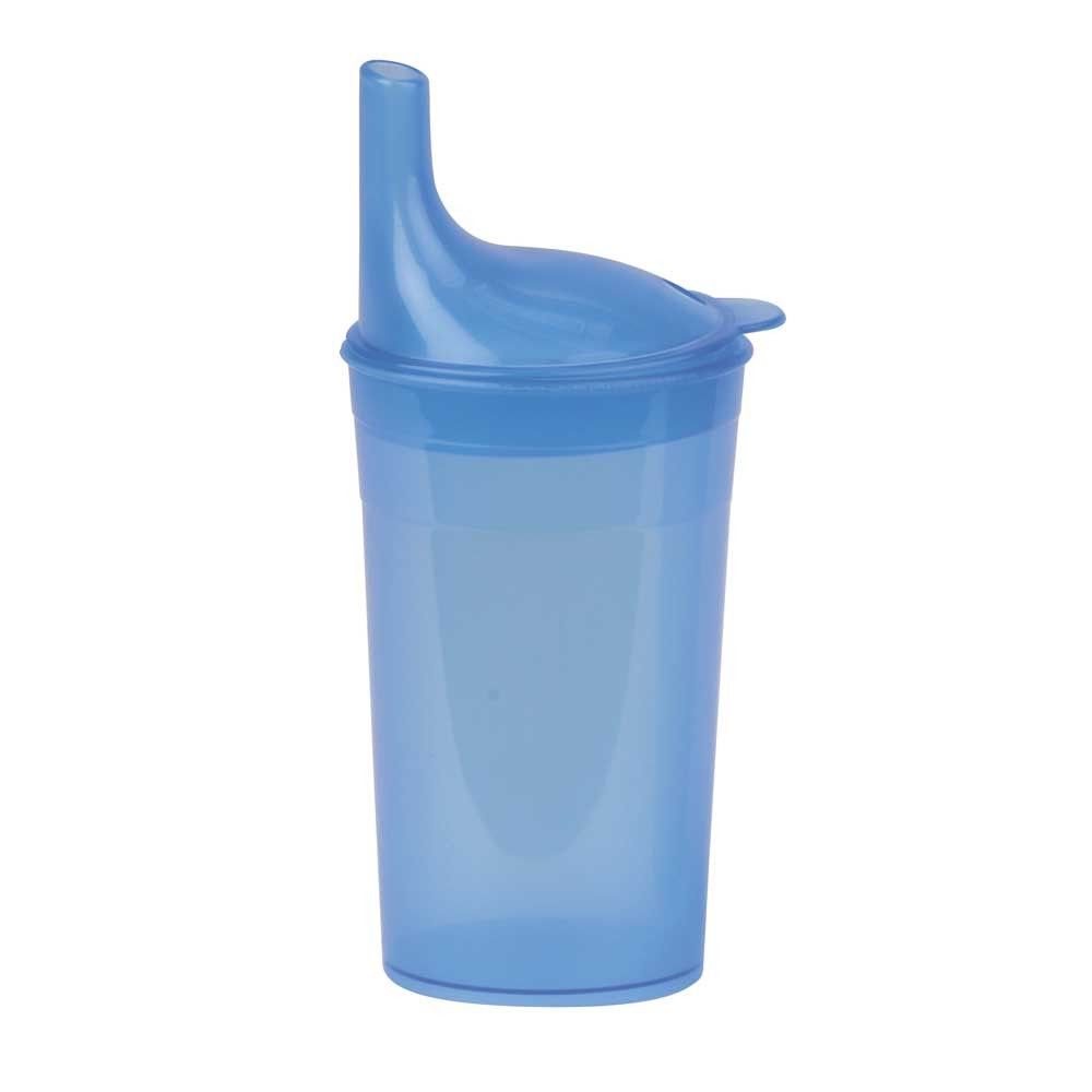 Blauer Trinkbecher mit Deckel, Schnabelöffnung oben