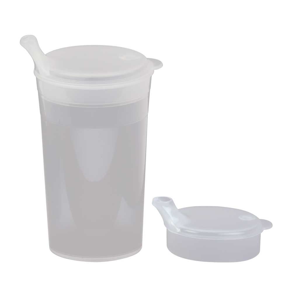 Transparenter Trinkbecher 250 ml mit kurzem Mundstück und Deckel