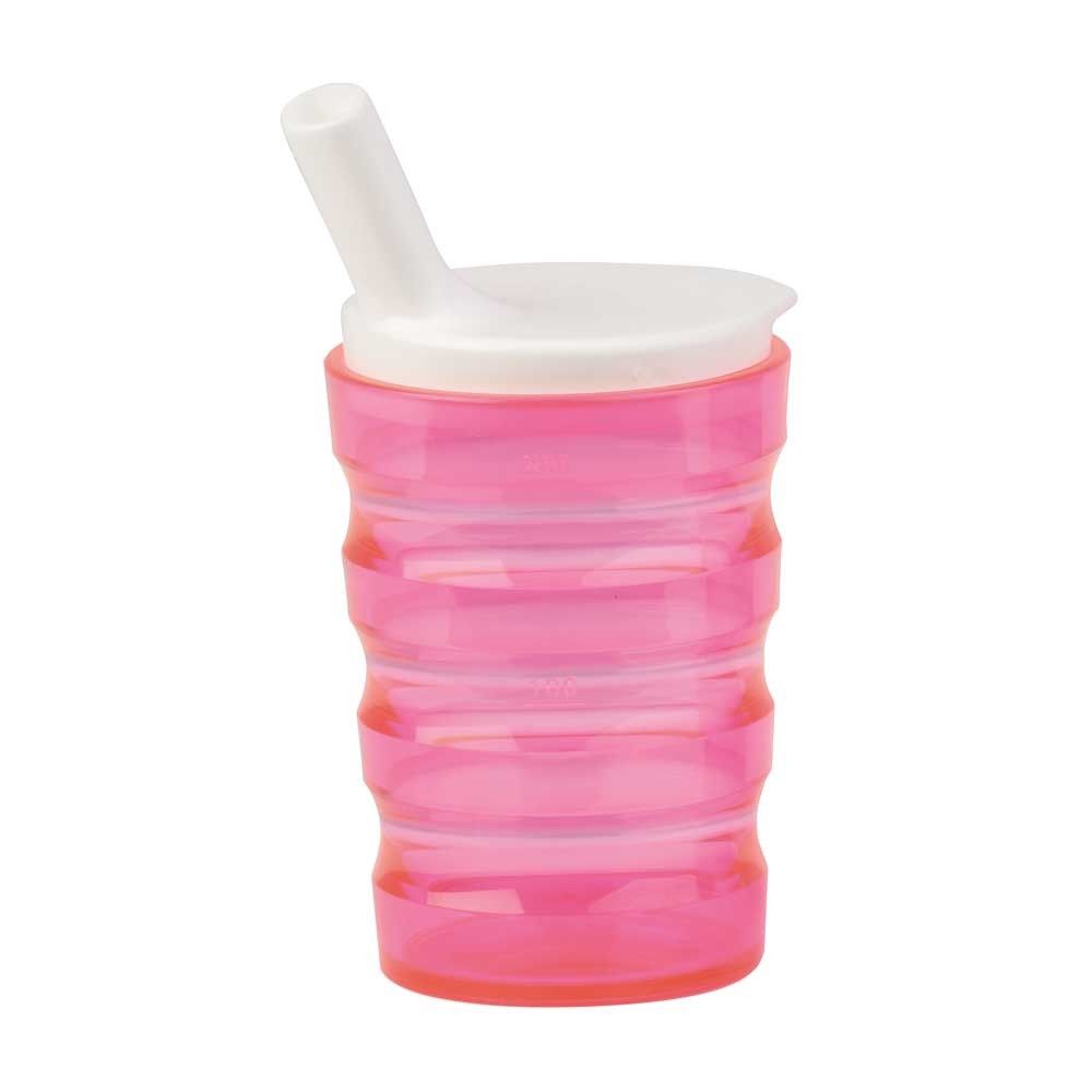 Trinkbecher mit Trinkhalm, gerippt, auslaufsicher, bruchsicher, pink