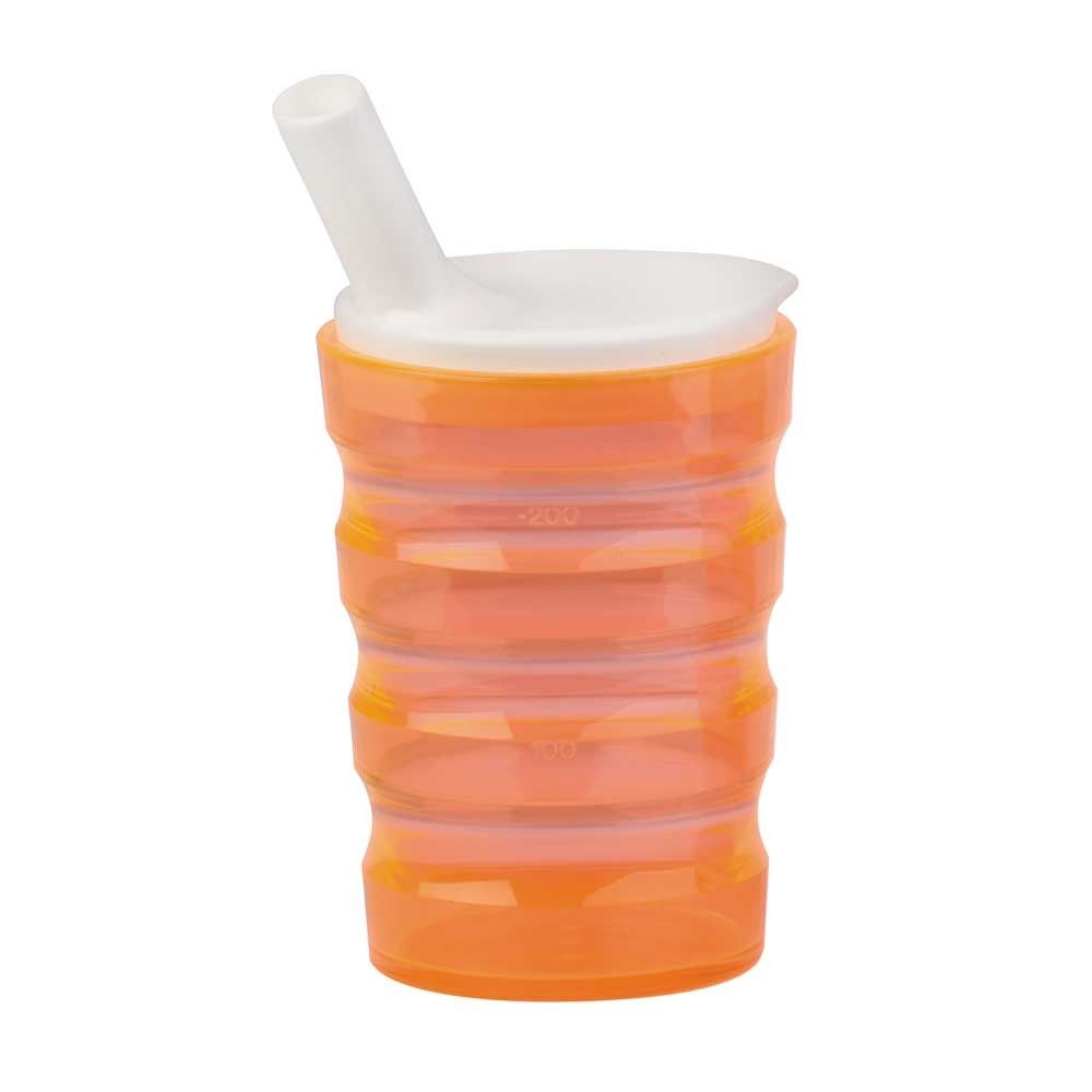 Trinkbecher mit Trinkhalm, gerippt, auslaufsicher, bruchsicher, orange
