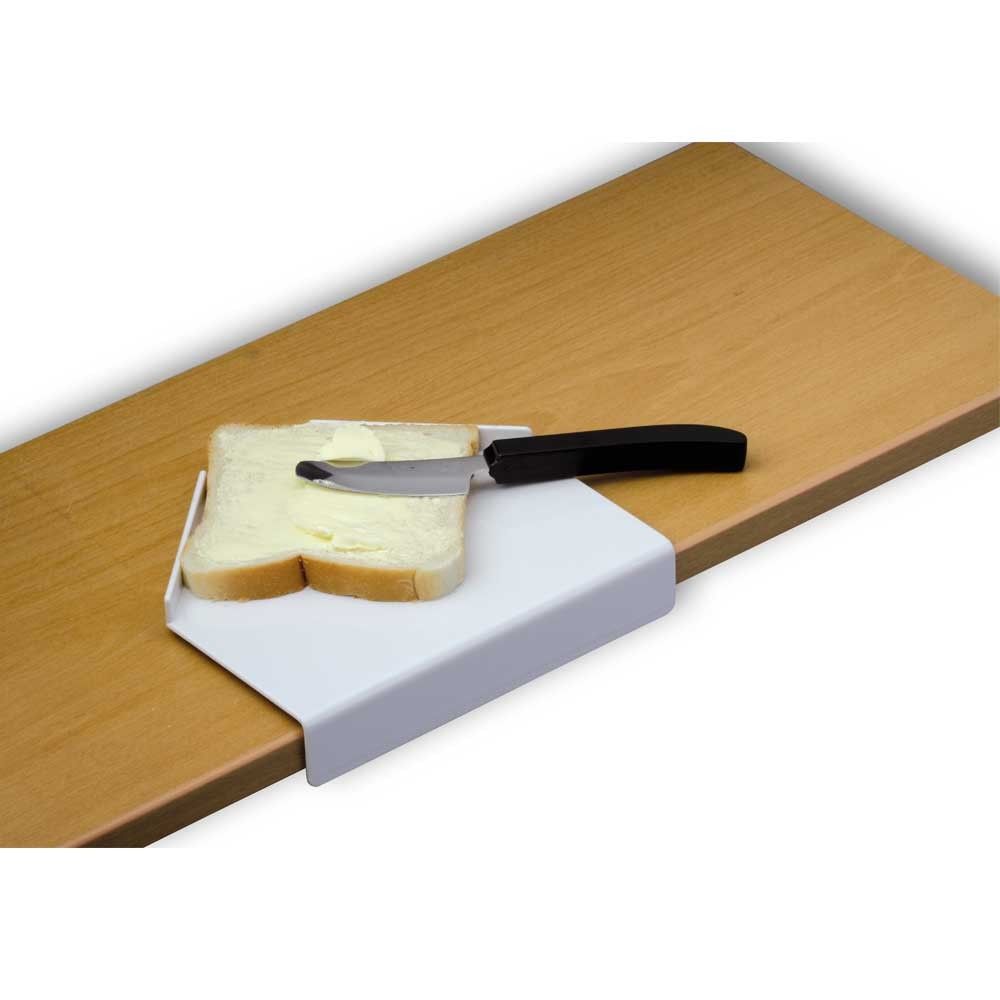 Brotschmierbrett aus Kunststoff, weiß, mit Anti-Rutsch-Noppen, mit Messer und Brot