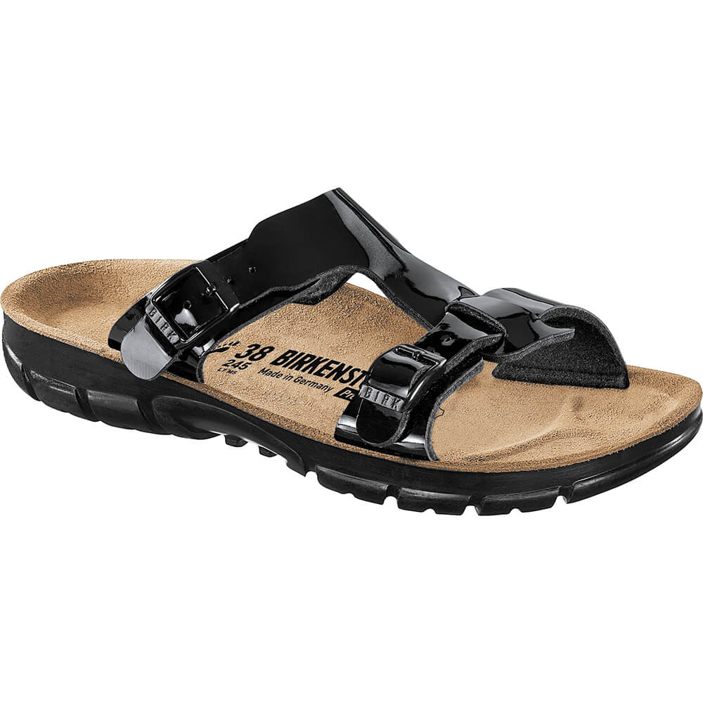 Schmale Birkenstock-Sandale mit schwarzem Birko-Flor-Riemen und verstellbaren Schnallen
