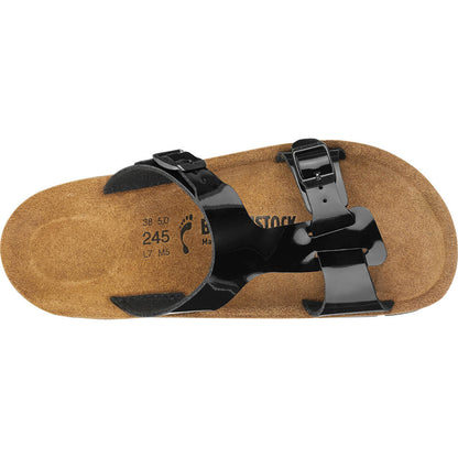 Schmale Birkenstock-Sandale: Korkfußbett, schwarze Birko-Flor-Riemen mit Schnallen